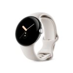 Google Pixel Watch LTE, Edelstahl Polished Silver, Chalk Sportarmband, Aktivitäts- und Herzfrequenz-Tracking