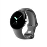 Google Pixel Watch LTE, Edelstahl Polished Silver, Charcoal Sportarmband, Aktivitäts- und Herzfrequenz-Tracking